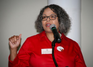 Suzanne Barbour, dean of the Graduate School, speaks to the crowd at the graduate research event. By Clint Thompson March 17, 2016